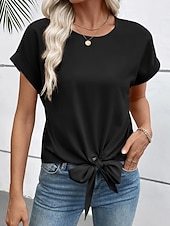 abordables T-shirt uni-Femmes T-shirt Nœud Uni Mode Élégant Classique Manche Courte Col ras du cou Hauts Réguliers Quotidien Sortir Week-end Noir Blanche Vin Marron Beige Été Printemps