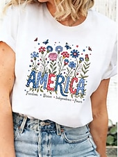  Giorno dell'Indipendenza Americana Per donna Maglietta Stampato Grafico Lettera Bandiera Americana Elegante Classico Casual Manica Corta Girocollo Top Regolari Quotidiano Bianco Estate Primavera