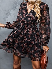 voordelige Chiffon Jurken-Dames Mini-jurk Casual jurk Chiffon jurk Jurk met print Elegant Modieus Modern Buiten Vakantie Uitgaan Normale pasvorm Bloemig Lange mouw V-hals blauw Zwart Leger Groen Paars Zomer Lente Herfst