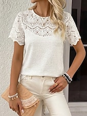 cheap Plain tee-Women's Lace Tops Lace Yoke Stylish Casual Short Sleeve Crew Neck Regular Tops Daily Black White Purple Summer Spring