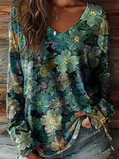 economico Maglietta Arte &amp; Design-Per donna Maglietta Stampato Floreale Grafico Vintage Classico Casual Manica Lunga Scollo a V Top Regolari Quotidiano Blu Viola Verde Primavera Autunno