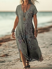  Dame Maxikjole Boho-kjole Uformell kjole Kjole med A-linje Print kjole Årgang utendørs Strand Feriereise Normal Blomstret Grafisk Kortermet V-hals Lys Rosa Gul Mørkegrønn Lilla Sommer Vår