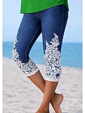 tanie Niebieski druk 3D-Damskie Getry Urlop Moda Hawajskie Capris Średni Talia Kwiaty Graficzny Drukowanie Nadruk Komfort Miękka Oddychający Wysoka elastyczność Codzienny Urlop Formalny Niebieski popielaty Lato Wiosna