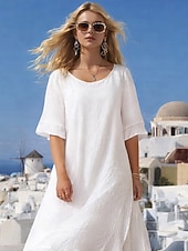economico Abiti Falsi Essenziali-Per donna Abito Midi Abiti ispirati al lino Finto cotone e lino Vestito a caftano Abito Bianco Essenziale Casual Quotidiano All'aperto Vacanza Vestibilità comoda Colore Puro Manica Lunga Girocollo