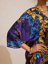 お買い得  シャツ、トップス、ブラウス-ミッドナイトブルーのバロック調シルクサテンのドルマンスリーブトップス