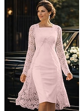 billige Mammas kjolesett-Todelt Linjeform Knelengde Gjestekjole til bryllup Kjole til brudens mor Ermeløs Firkantet hals Elegant Bryllupsgjest Bryllupsfest Kirke Chiffon Blonder Jakke kjoler med Ensfarget