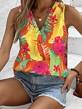 cheap Graphic Tank-Women's Tank Top Floral Graphic Plants Elegant Vintage Tropical Sleeveless V Neck Regular Tops Daily Red Orange Summer Spring