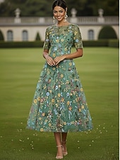 Недорогие Длина щиколотки-А-силуэт Платья Ниже колена Коктейльные платья Свадебное платье для гостей Платье для матери невесты Рукав до локтя Вырез под горло Вырез лодочкой Элегантный стиль На каждый день