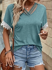 preiswerte Plain tee-Women's Shirt Blouse Lace Tops Patchwork Solid Color Stylish Classic Modern Short Sleeve V Neck Regular Tops Daily Holiday Going out Blue Black Wine Orange Gray Summer Spring