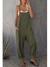 preiswerte Hose-Damen Modisch Overall Jumpsuit Seitentaschen In voller Länge Hose Casual Wochenende Unelastisch Glatt Leinenoptik Komfort Mittlere Taillenlinie Grün Schwarz Rote S M L XL XXL