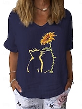 preiswerte Hemden-Damen Baumwoll Mischung Bluse Patchwork Druck Grafik Stilvoll Klassisch Modern Kurzarm V Ausschnitt Normale Oberteile Täglich Ferien Ausgehen Weiß Gelb Dunkelblau Grau Leicht Blau Sommer Frühling