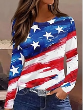  día de la independencia americana Mujer Camiseta Estampado Graphic Bandera Bandera estadounidense Elegante Clásico Casual Manga Larga Cuello Barco Tops largos Diario Blanco / azul Rojo Rojo azul
