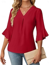 economico Bluse Eleganti-Per donna Camicia Blusa Top in chiffon Volant Semplice Elegante Classico Moderno Manica 3/4 Scollo a V Top Regolari Quotidiano Ferie Uscire Nero Bianco Verde Azzurro Estate Primavera