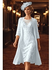 levne Sety šatů pro maminky-Dvoudílné Pouzdrové Ke kolenům Šaty pro svatební hosty Šaty pro matku nevěsty 3/4 délka rukávu Klenot Elegantní Formální Svatební host Kostel Šifón Krajka Bolerko je v ceně Sako šaty s Korálky