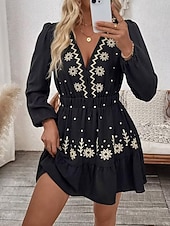 preiswerte Lässige Blumenkleider-Damen Minikleid Boho-Kleid Freizeitkleid Elegant Mode Modern Outdoor Urlaub Ausgehen Normale Passform Blumen Langarm V Ausschnitt Schwarz Wein Rote Grün Sommer Frühling