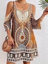 billige Boho-kjoler-Dame Mini kjole Boho-kjole Vintage kjole Uformell kjole Elegant Mote Moderne Feriereise Ut på byen Helg Normal Geometrisk Stamme Halvlange ermer V-hals Blå Lilla Brun Grønn Sommer Vår