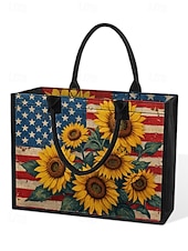  תיק נשיאה פוליאסטר לנשים עם קיבולת גדולה וכיס עם רוכסן, עיצוב פטריוטי של חמניות ודגל אמריקאי, מושלם ליום השנה ה-250, יום העצמאות ולשימוש יומיומי יומיומי