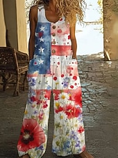 economico Pantaloni Giorno dell’Indipendenza-Per donna Tuta Attivo Floreale Senza Maniche Senza maniche Gamba larga Collo a U Tasca Bottoni Quotidiano Vacanza Vestibilità comoda Blu Estate
