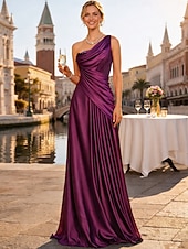 cheap Empire Waist Evening Dresses-Sheath Column Floor Length Prom Dresses Evening Gown Ball Gown Formal Dress Elegant Sleeveless One Shoulder Formal Evening Fall Wedding Guest Satin Backless with Pleats Crystals Draping