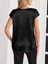 preiswerte Einfache Blusen-Damen Satin-Top Bluse Einfarbig Stilvoll Basic Lässig Kurzarm V Ausschnitt Normale Oberteile Täglich Blau Schwarz Weiß Champagner Rote Sommer Frühling Herbst
