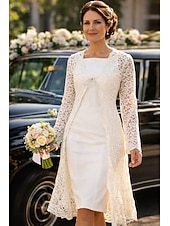 billige Mammas kjolesett-Todelt Linjeform Knelengde Gjestekjole til bryllup Kjole til brudens mor Ermeløs Firkantet hals Elegant Bryllupsgjest Bryllupsfest Kirke Chiffon Blonder Jakke kjoler med Ensfarget