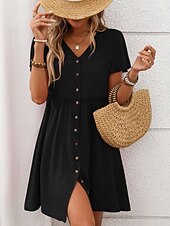 baratos Vestido branco-Mulheres Minivestido vestido de praia Vestido casual Elegante Moda Moderno Ao ar livre Férias Para Noite Normal Tecido Manga Curta Decote V Preto Vinho Azul Marinha Verde Verão Primavera