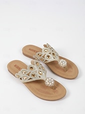 baratos Mulheres-Chinelo feminino boho com aplicações de joias - elegante cristal azul royal &amp;Sandálias rasteiras com tira em T e pérolas, perfeitas para férias na piscina e escapadelas na praia. &amp;roupas de resort de