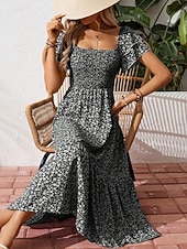 billiga Casual blommiga klänningar-Dam Midiklänning Vardagsklänning Swingklänning Blommig klänning Elegant Mode Modern Utomhus Semester Utekväll Normal Ditsy Floral Kortärmad Fyrkantig hals Blå Svart Rubinrött Purpur Sommar Vår