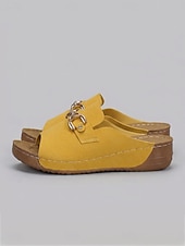 cheap Slide Sandals-Women's Yellow Open-Toe Mule Slides with Chain – Comfortable Casual Sandals for Daily, Garden Wear and Travel Wear