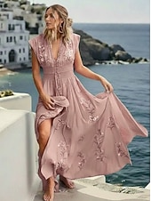ieftine Rochii casual florale-rochie midi pentru femei boem cu decolteu în V broderie florală talie elastică șnur cu mânecă scurtă vacanță la plajă roz confortabil potrivire regulată îmbrăcăminte ocazională de vară