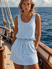 economico Abiti floreali-Per donna Mini Abito Abito a trapezio Abito Estivo Casual Quotidiano Vestibilità regolare Semplice Senza Maniche Collo a U Blu Bianco Estate