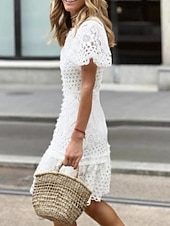 ieftine Rochii Albe din Dantela-Pentru femei Rochii Lungime Genunchi Rochie de dantela Rochie albă Rochie casual Elegant Modă Modern În aer liber Vacanță Ieșire Fit regulat Simplu Manșon scurt În V Alb Vară Primăvară