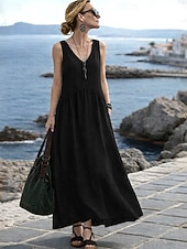 preiswerte Weißes Kleid-Damen Maxikleid A Linie Kleid Lässig Täglich Lässiger Schnitt Einfach Ärmellos V Ausschnitt Schwarz Gelb Wein Armeegrün Sommer Frühling Herbst