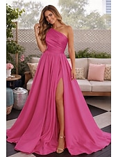 abordables Vestidos de noche de cintura imperio-Corte A Hasta el Suelo Trajes de gala Vestidos de noche Corte Cenicienta Vestimenta formal Elegante Minimalista Sin Mangas Un Hombro Fiesta de baile Invitado a la boda Satén con Plisado Abertura