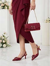 tanie Matka panny młodej/pana młodego-fioletowy satynowy zestaw damski z obcasem i pasującą torebką - elegancki zestaw z paskiem na pięcie, idealny dla matek wybierających się na miejskie wesela