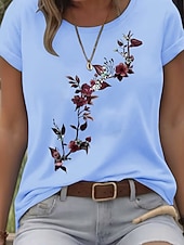 cheap Floral tee-Women's T Shirt Print Floral Graphic Stylish Classic Casual Short Sleeve Crew Neck Round Neck Regular Tops Daily Blue White Pink Gray Summer Spring