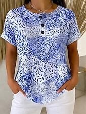abordables Camiseta a rayas y geométrica-Camisetas de punto texturizado de waffle para mujer camiseta de botones en la parte delantera gráfico de ombre geometría elegante clásica de manga corta cuello redondo henley camisetas largas
