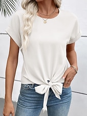 abordables T-shirt uni-Femmes T-shirt Nœud Uni Mode Élégant Classique Manche Courte Col ras du cou Hauts Réguliers Quotidien Sortir Week-end Noir Blanche Vin Marron Beige Été Printemps
