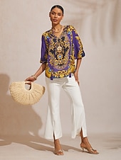 Недорогие Блузки и рубашки-Топ из барочного шифона темно-синего цвета с рукавами 3/4