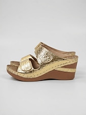 economico Sandali con zeppa-sandali con zeppa dorati da donna – comode scarpe con velcro in rilievo coccodrillo per viaggi, spiaggia e abbigliamento casual