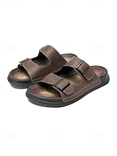 abordables Hombres-Sandalias de cuero de doble tira para hombre, duraderas y cómodas, calzado elegante para isla y crucero para vacaciones, resort y uso informal.