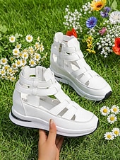 Χαμηλού Κόστους Αθλητικά Σανδάλια-Γυναικεία λευκά σανδάλια με κοψίματα, casual παπούτσια για περπάτημα με κρυφό τακούνι και φερμουάρ για υπαίθριο περπάτημα, ταξίδια &amp;καθημερινή χρήση