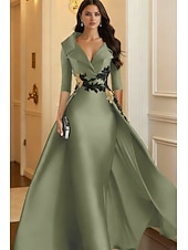 cheap Ball Gown Evening Dresses-A-Line Floor Length Evening Gown Elegant 3/4 Length Sleeve Shirt Collar Formal Satin with Appliques