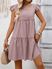 baratos Vestido branco-Mulheres Minivestido Vestido casual vestidos peplum Elegante Moda Moderno Ao ar livre Férias Para Noite Ajuste Largo Tecido Manga Curta Gola Redonda Azul Preto Verde Tropa Vinho Verão Primavera
