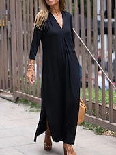 baratos Vestidos de Férias-Mulheres Vestido Longo Vestido casual Elegante Moda Moderno Ao ar livre Férias Para Noite Normal Tecido Manga Curta Decote V Preto Laranja Verão Primavera