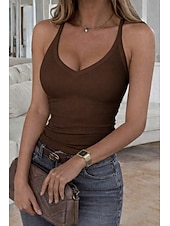 baratos Tanque Simples-Mulheres Tops tricotados em costura Malha Íntima Top ajustado Túnica Côr Sólida à moda quente Casual Sem Manga Decote V Alças Finas Tops regulares Diário Para Noite Preto Branco Vinho Roxo Marron