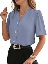 abordables Blusas Elegantes-Mujer Camisa Camisa con botones Camisa casual Botones Plano Elegante Clásico Moderno Manga Corta Escote en Pico Tops regulares Diario Festivos Noche Azul Piscina Negro Blanco Vino Albaricoque Verano
