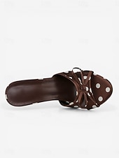 economico Sandali con tacco-Eleganti mules da donna marroni a pois con tacco alto - chic sandali in raso con fiocco e tacco a spillo, perfetti per banchetti serali, cene in resort di lusso e serate estive.