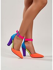 economico Décolleté con tacco largo-décolleté da donna con blocchi di colore multicolore vivaci - tacchi alti con punta a punta arancione acceso e cinturino alla caviglia rosa neon &amp;tacco viola per cocktail party, discoteche &amp;eventi di
