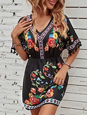 voordelige Boho Jurken-Dames Mini-jurk Boho-jurk Casual jurk Bloemetjesjurk Elegant Modieus Modern Buiten Vakantie Uitgaan Normale pasvorm Bloemig Korte mouw V-hals blauw Zwart Wit Zomer Lente